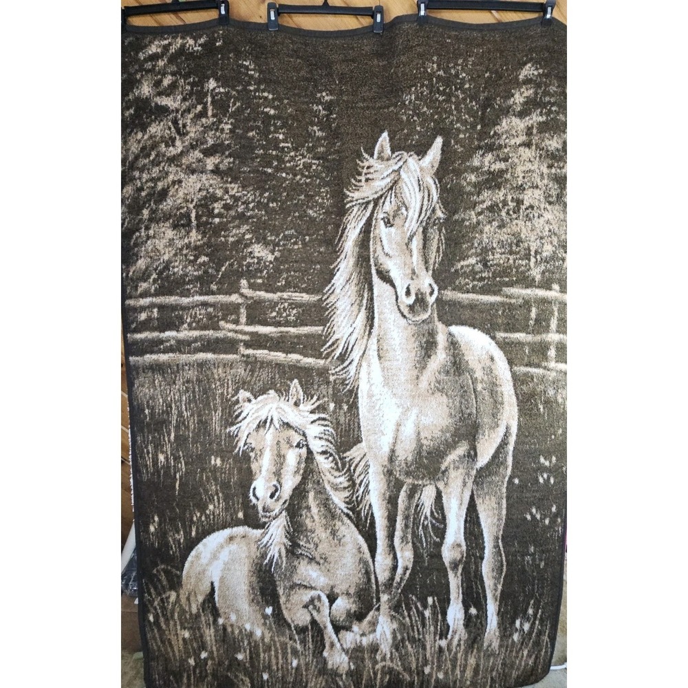 Vintage Biederlack Blanket Horses Made in USA  54" x 78" Reversible‎